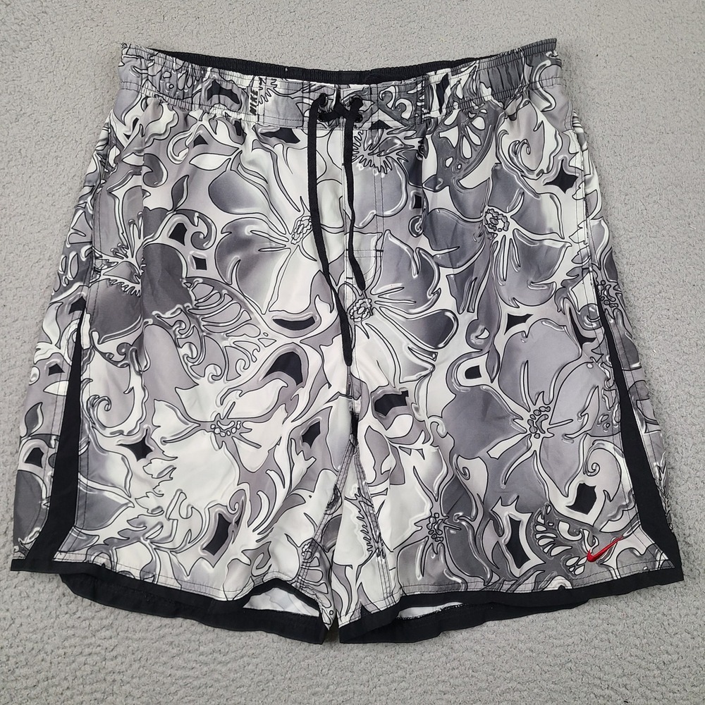 Nike Mens XL Swim Trunks Gray White Floral Hibiscus Board Shorts Red Swoosh Logo